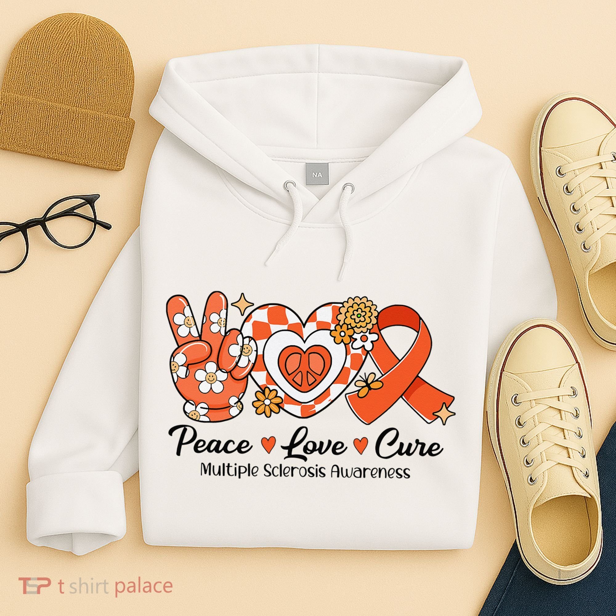 Retro Groovy Peace Love Cure Multiple Sclerosis Awareness Hoodie