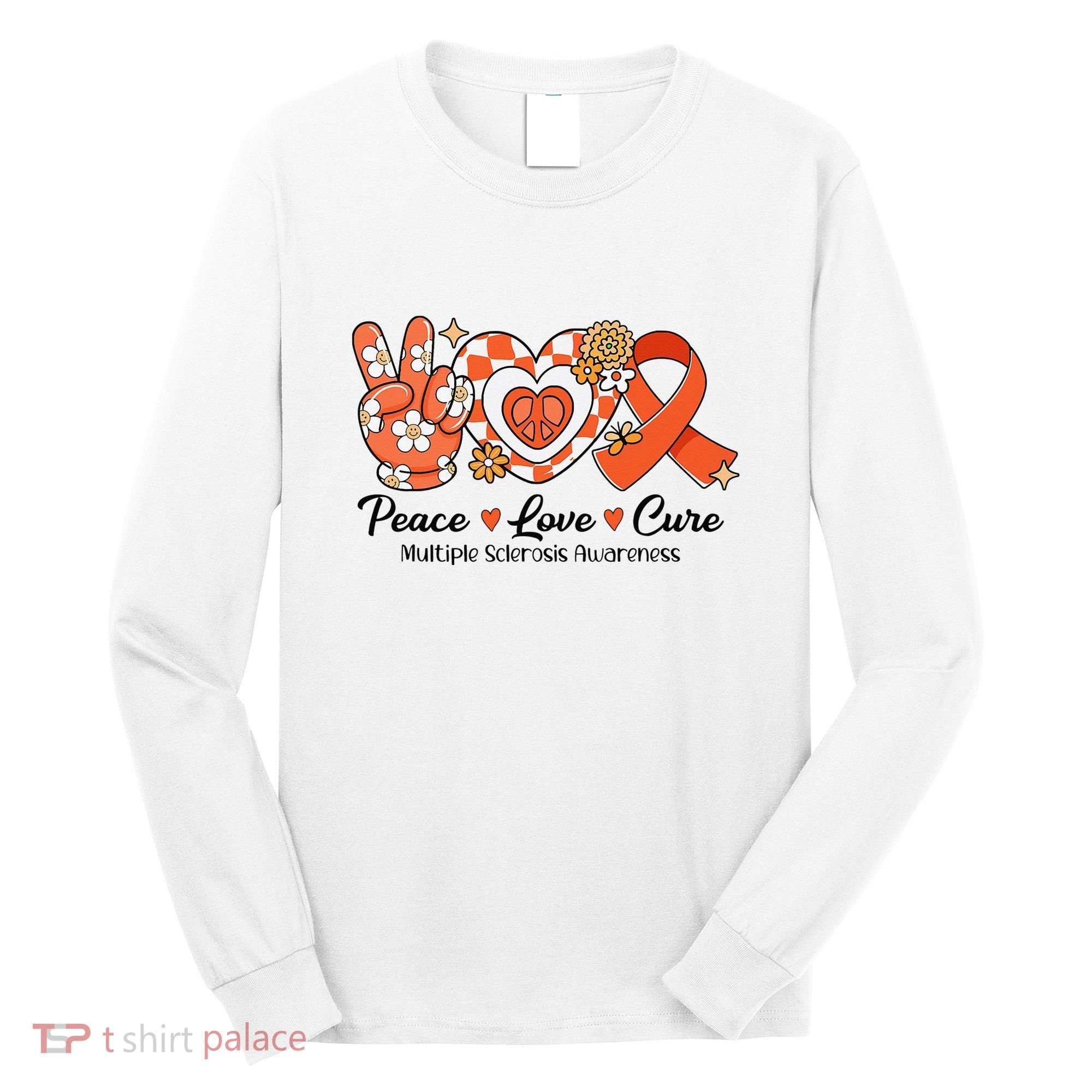 Retro Groovy Peace Love Cure Multiple Sclerosis Awareness Long Sleeve Shirt