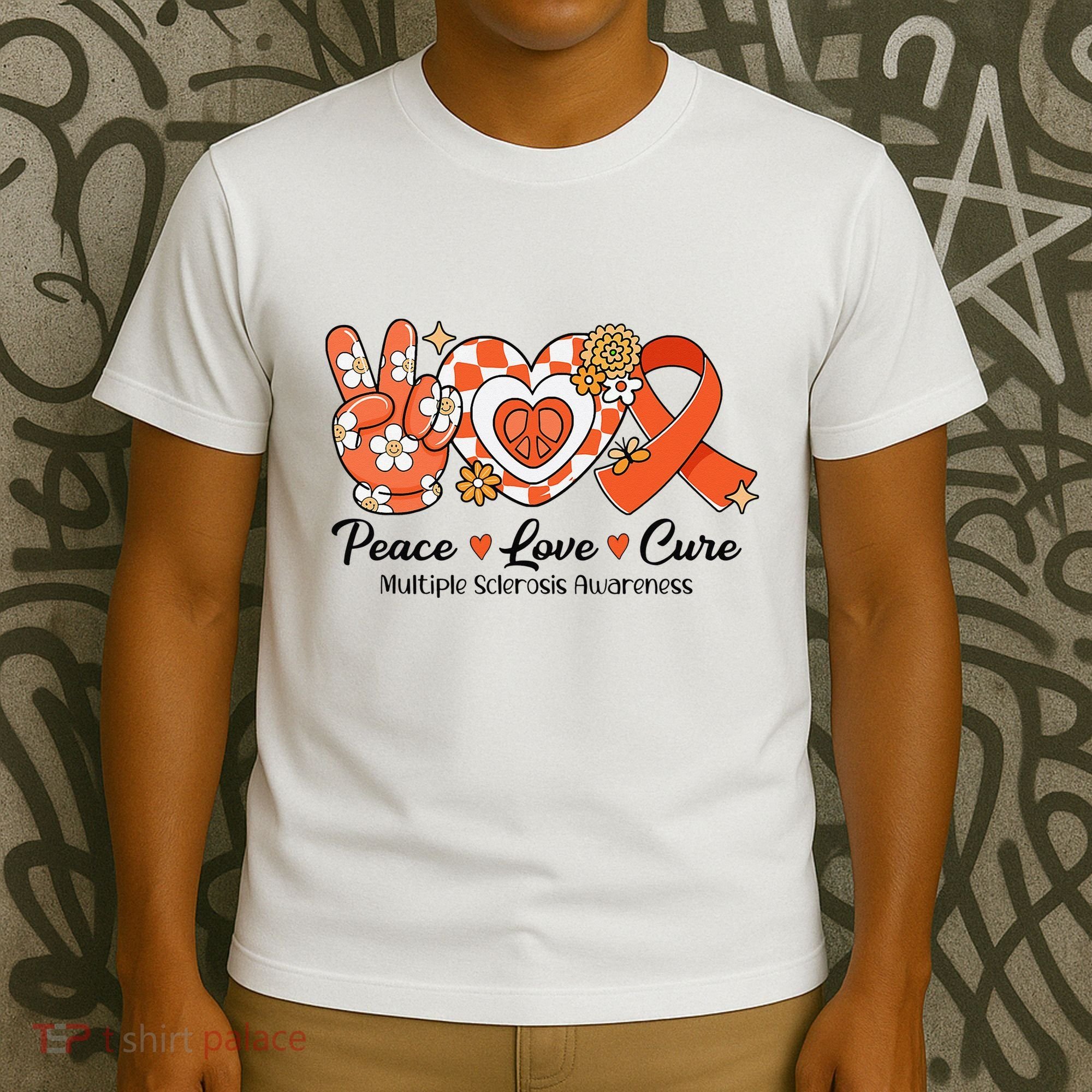 Retro Groovy Peace Love Cure Multiple Sclerosis Awareness T-Shirt