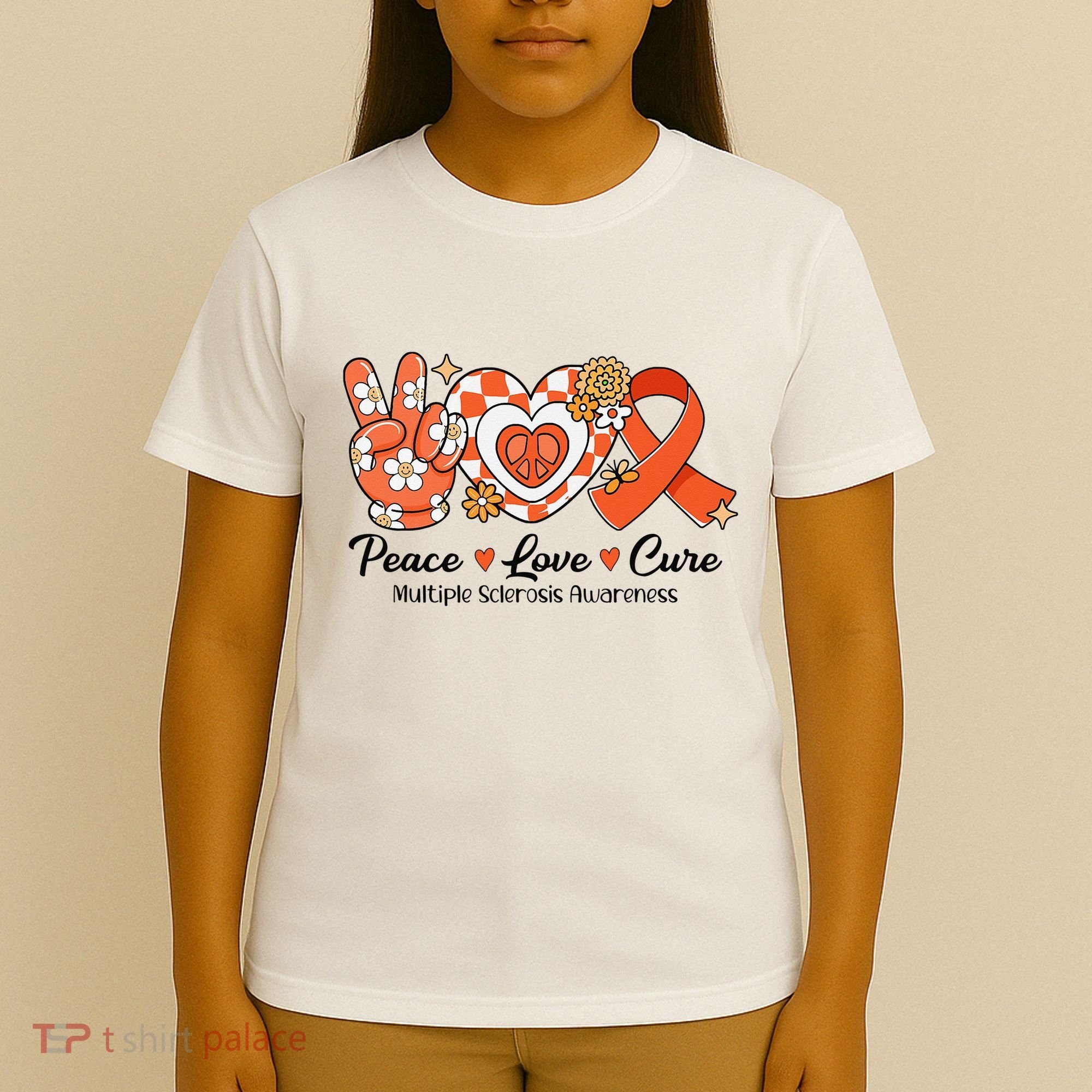 Retro Groovy Peace Love Cure Multiple Sclerosis Awareness T-Shirt