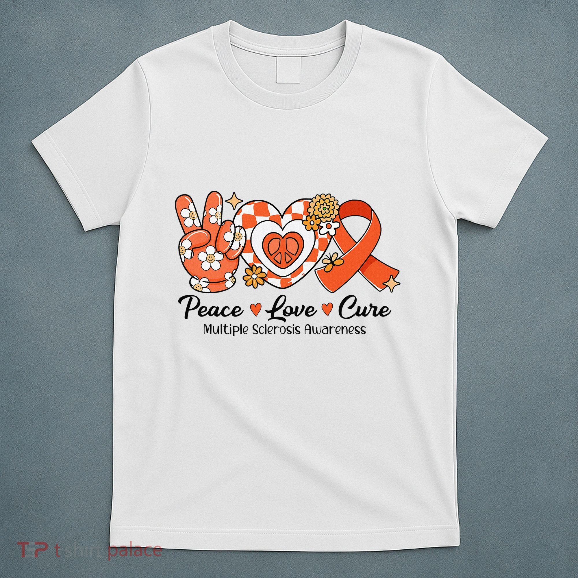 Retro Groovy Peace Love Cure Multiple Sclerosis Awareness T-Shirt
