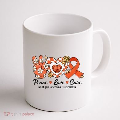 Retro Groovy Peace Love Cure Multiple Sclerosis Awareness Coffee Mug back