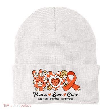 Retro Groovy Peace Love Cure Multiple Sclerosis Awareness Beanie