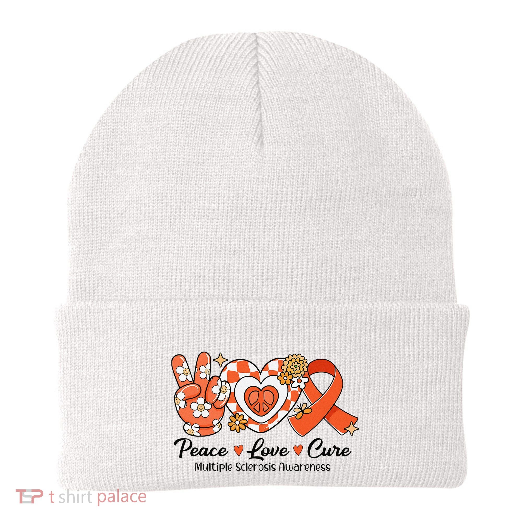 Retro Groovy Peace Love Cure Multiple Sclerosis Awareness Beanie
