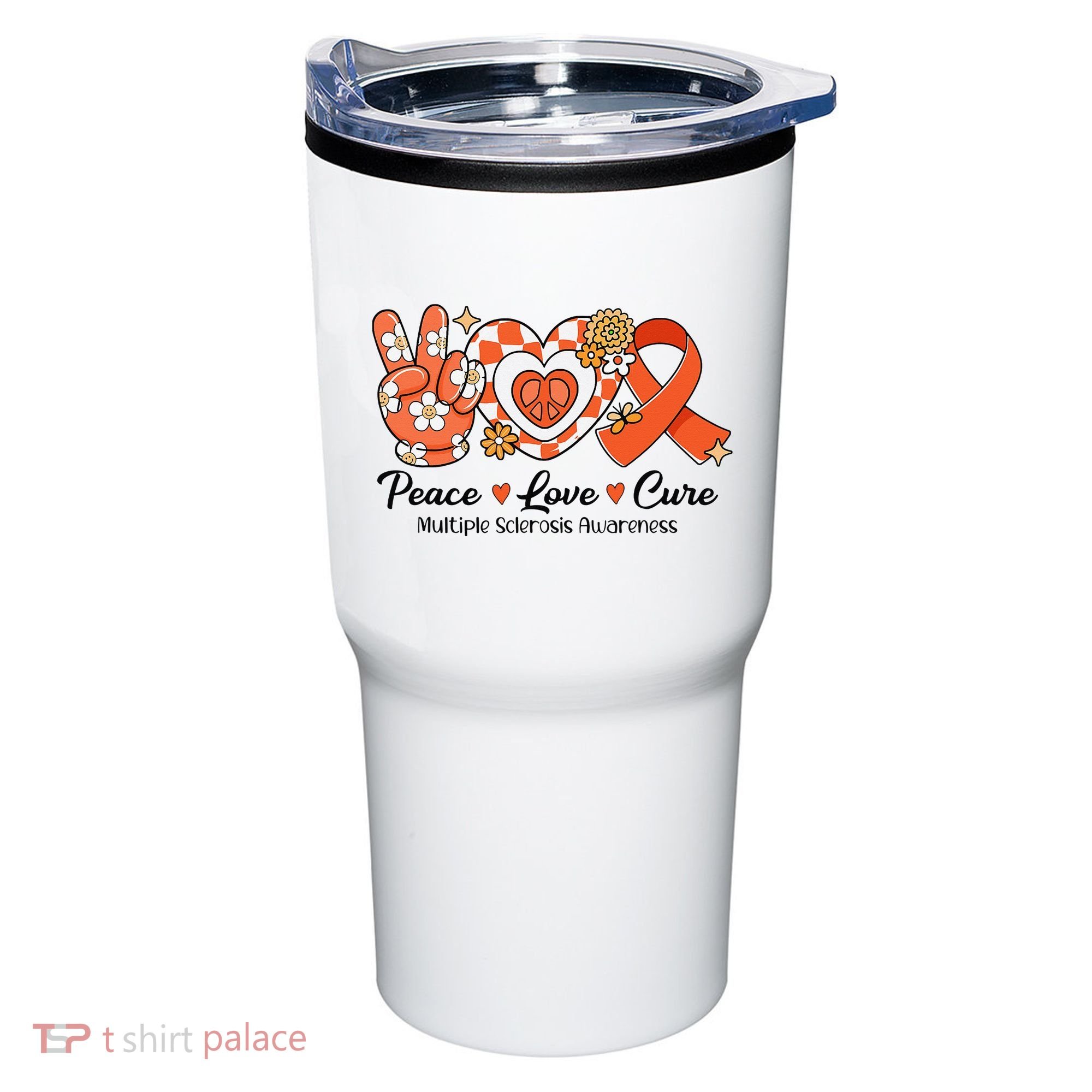 Retro Groovy Peace Love Cure Multiple Sclerosis Awareness Tumbler