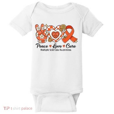 Retro Groovy Peace Love Cure Multiple Sclerosis Awareness Baby Bodysuit