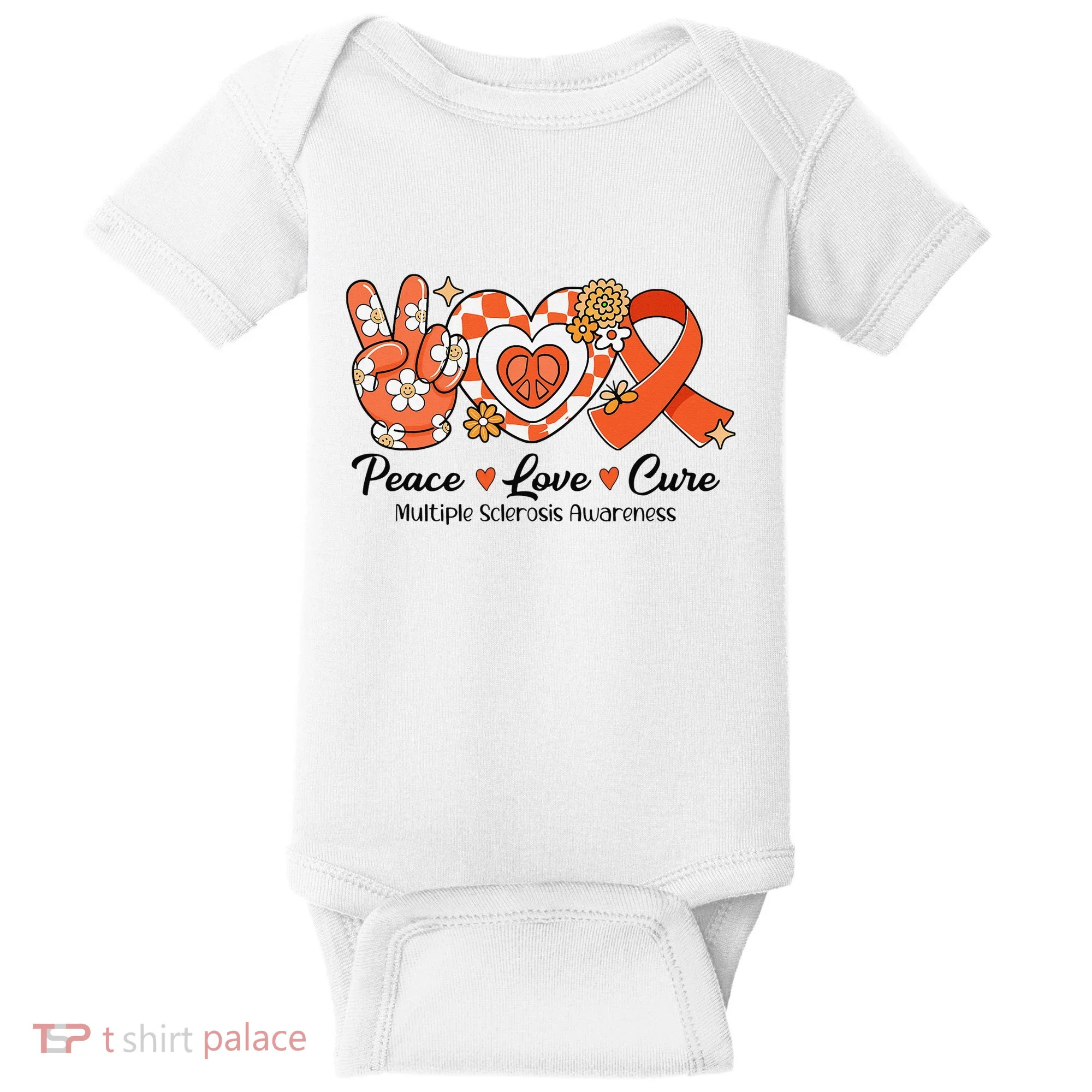 Retro Groovy Peace Love Cure Multiple Sclerosis Awareness Baby Bodysuit