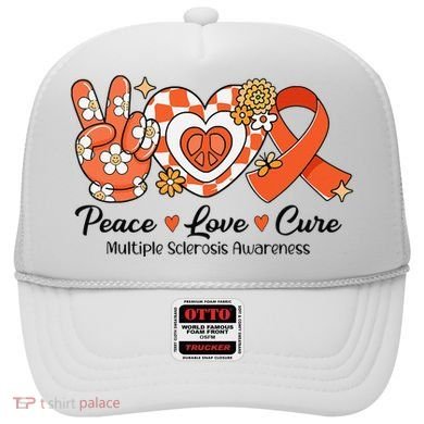 Retro Groovy Peace Love Cure Multiple Sclerosis Awareness Hat