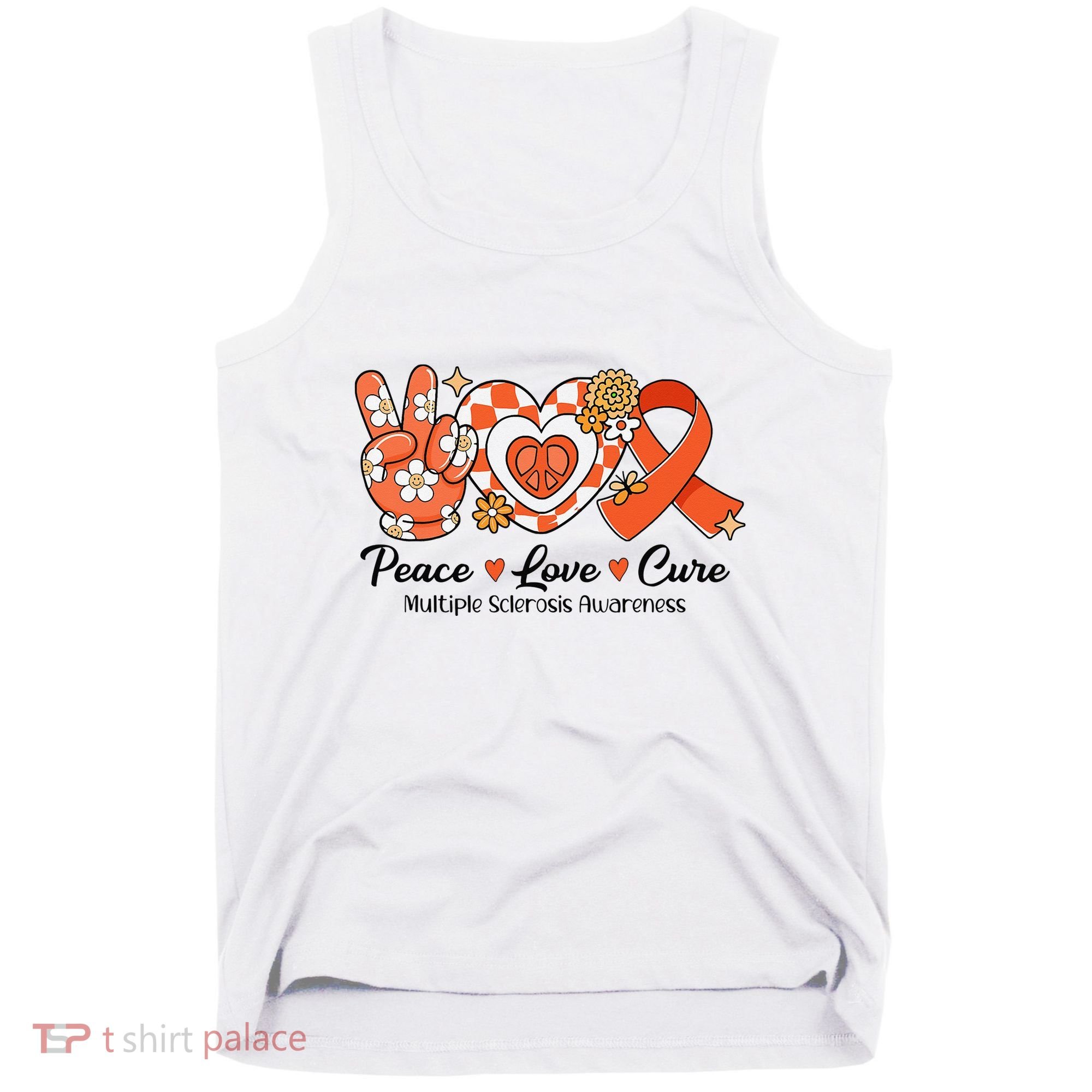 Retro Groovy Peace Love Cure Multiple Sclerosis Awareness Tank Top