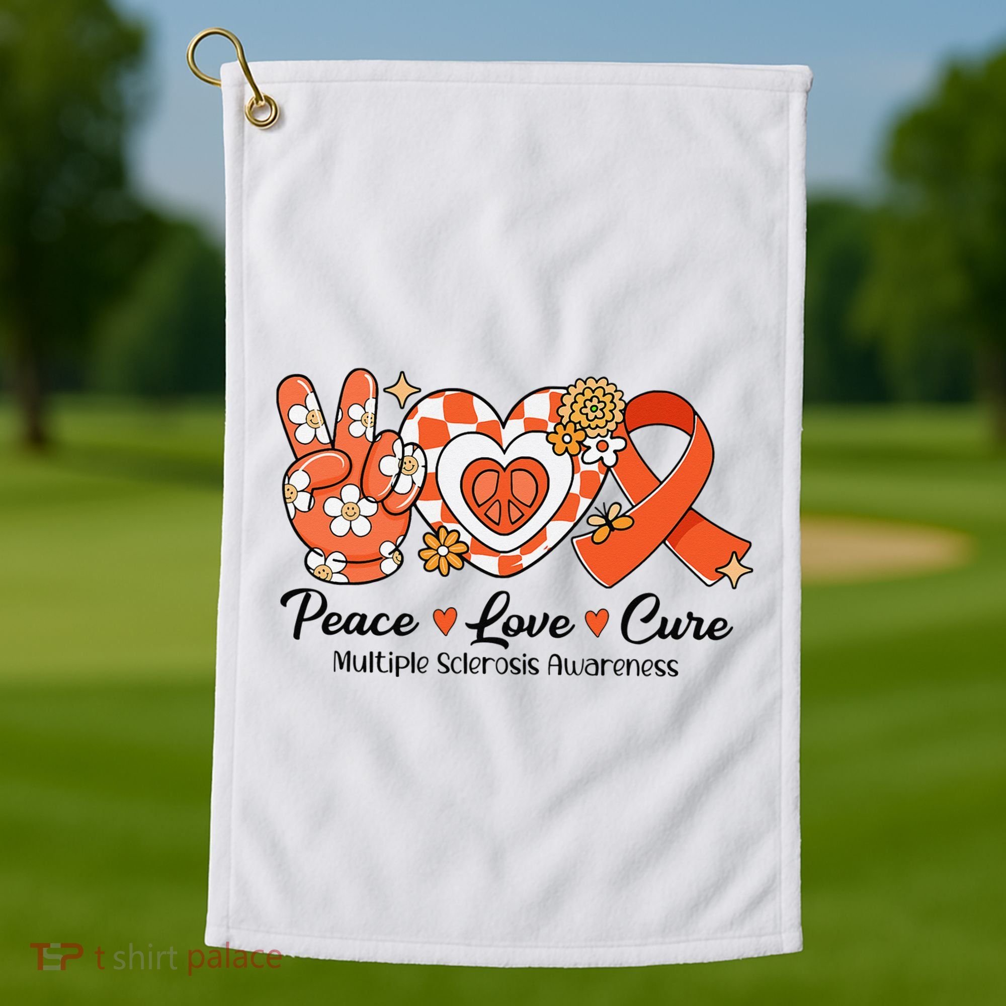 Retro Groovy Peace Love Cure Multiple Sclerosis Awareness Golf Towel
