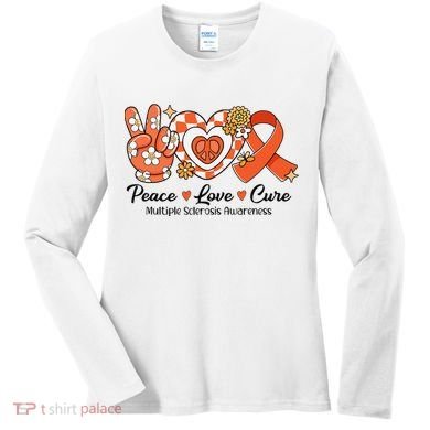 Retro Groovy Peace Love Cure Multiple Sclerosis Awareness Women's Long Sleeve Shirt
