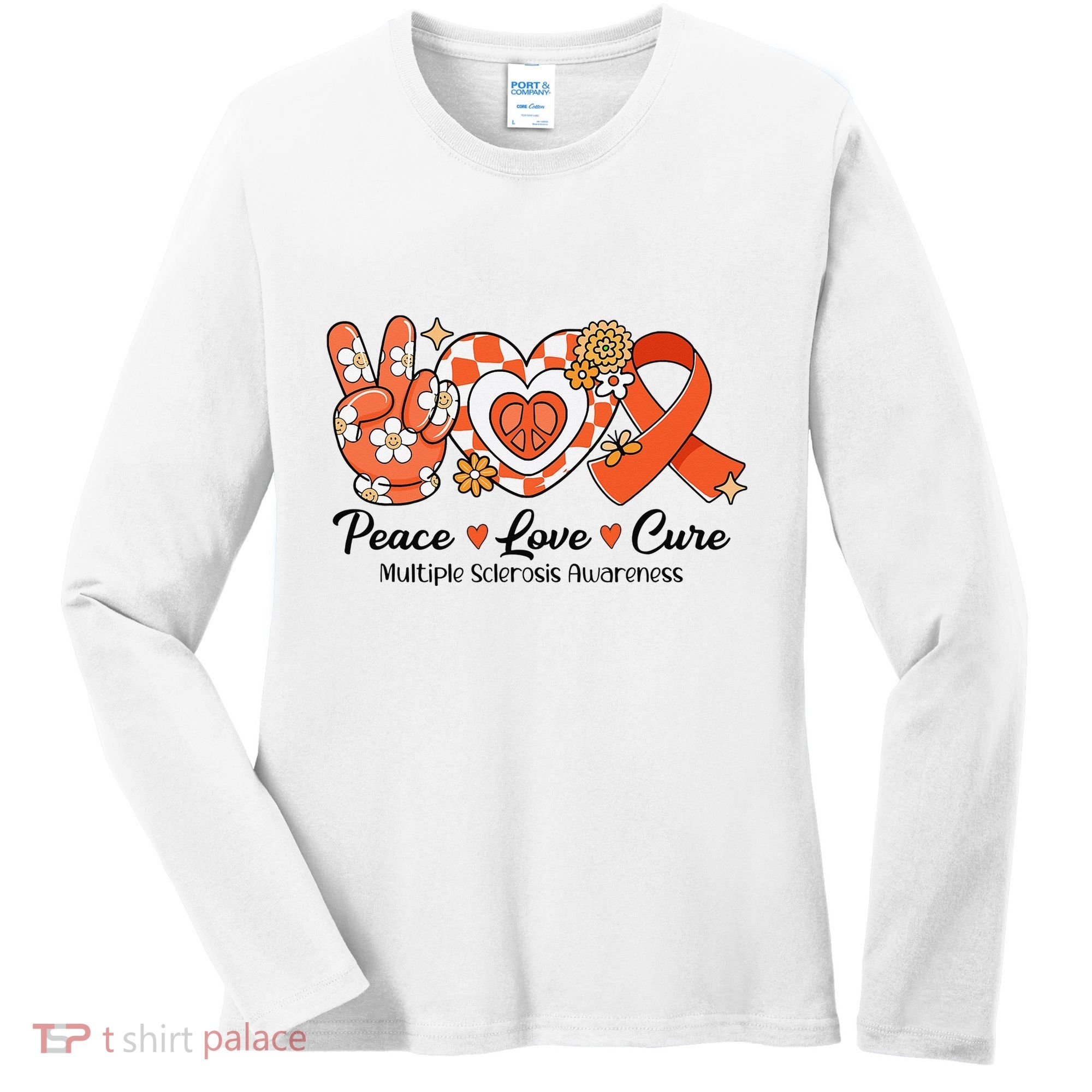 Retro Groovy Peace Love Cure Multiple Sclerosis Awareness Women's Long Sleeve Shirt