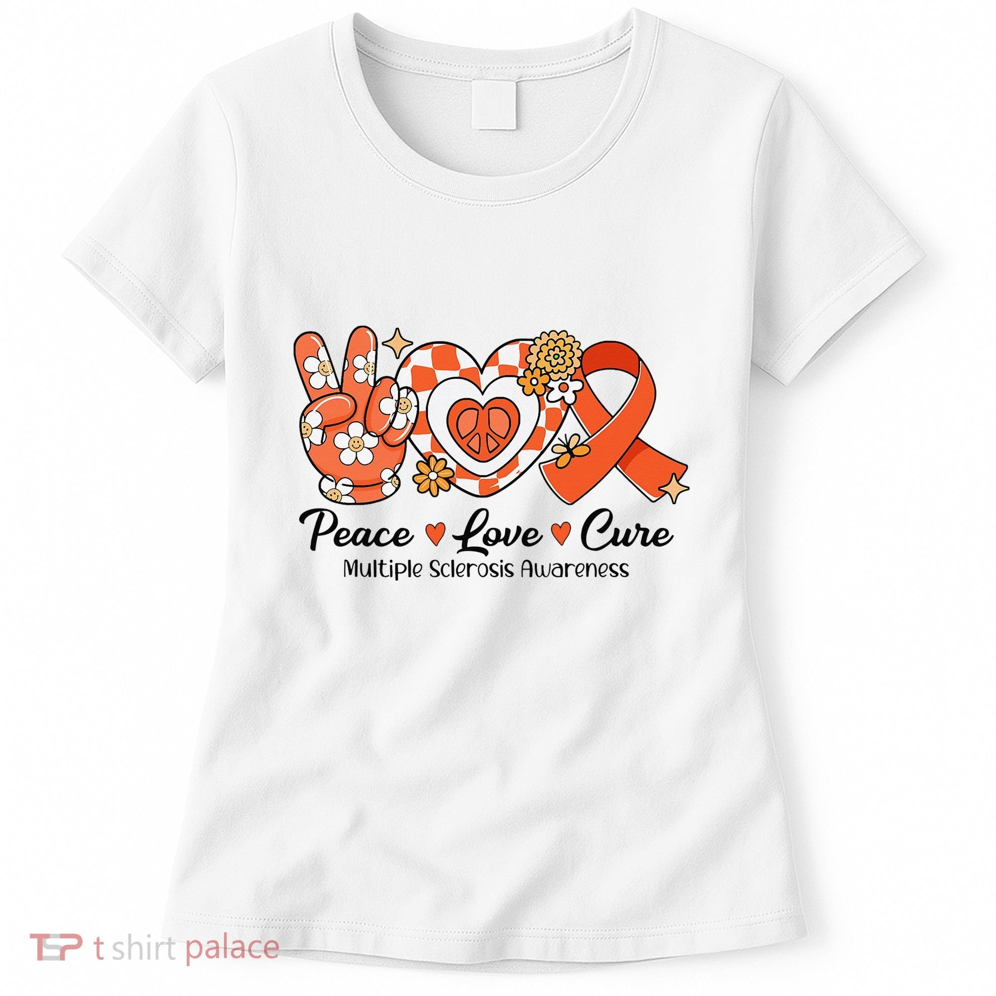 Retro Groovy Peace Love Cure Multiple Sclerosis Awareness Women's T-Shirt