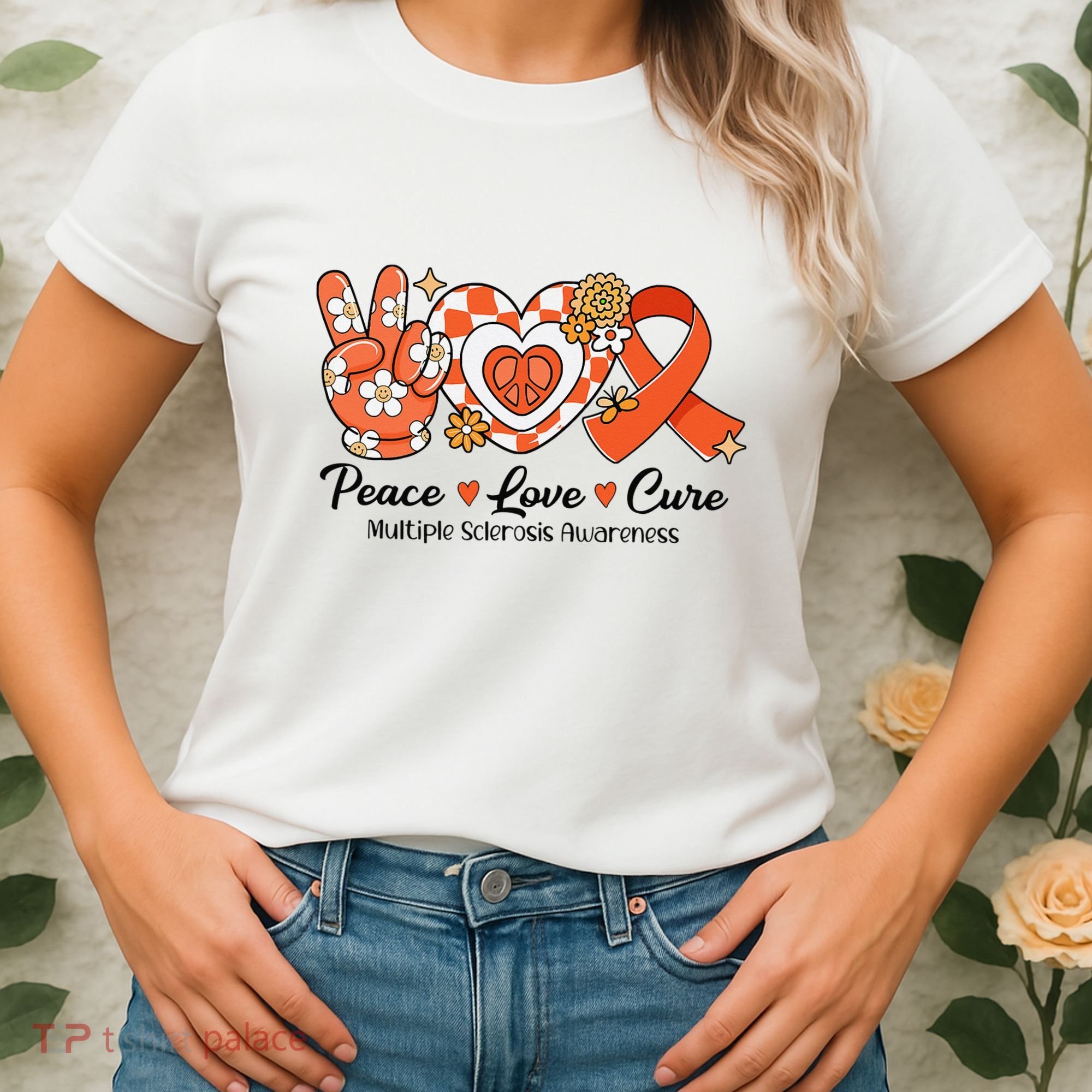 Retro Groovy Peace Love Cure Multiple Sclerosis Awareness Women's T-Shirt