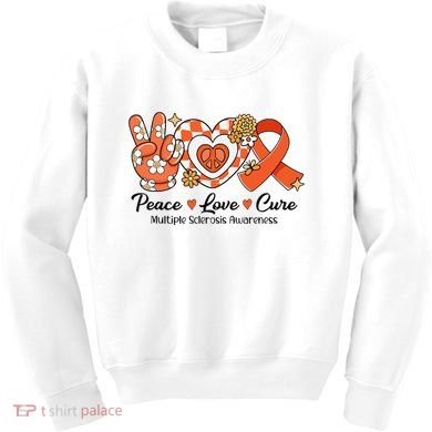 Retro Groovy Peace Love Cure Multiple Sclerosis Awareness Kids Sweatshirt