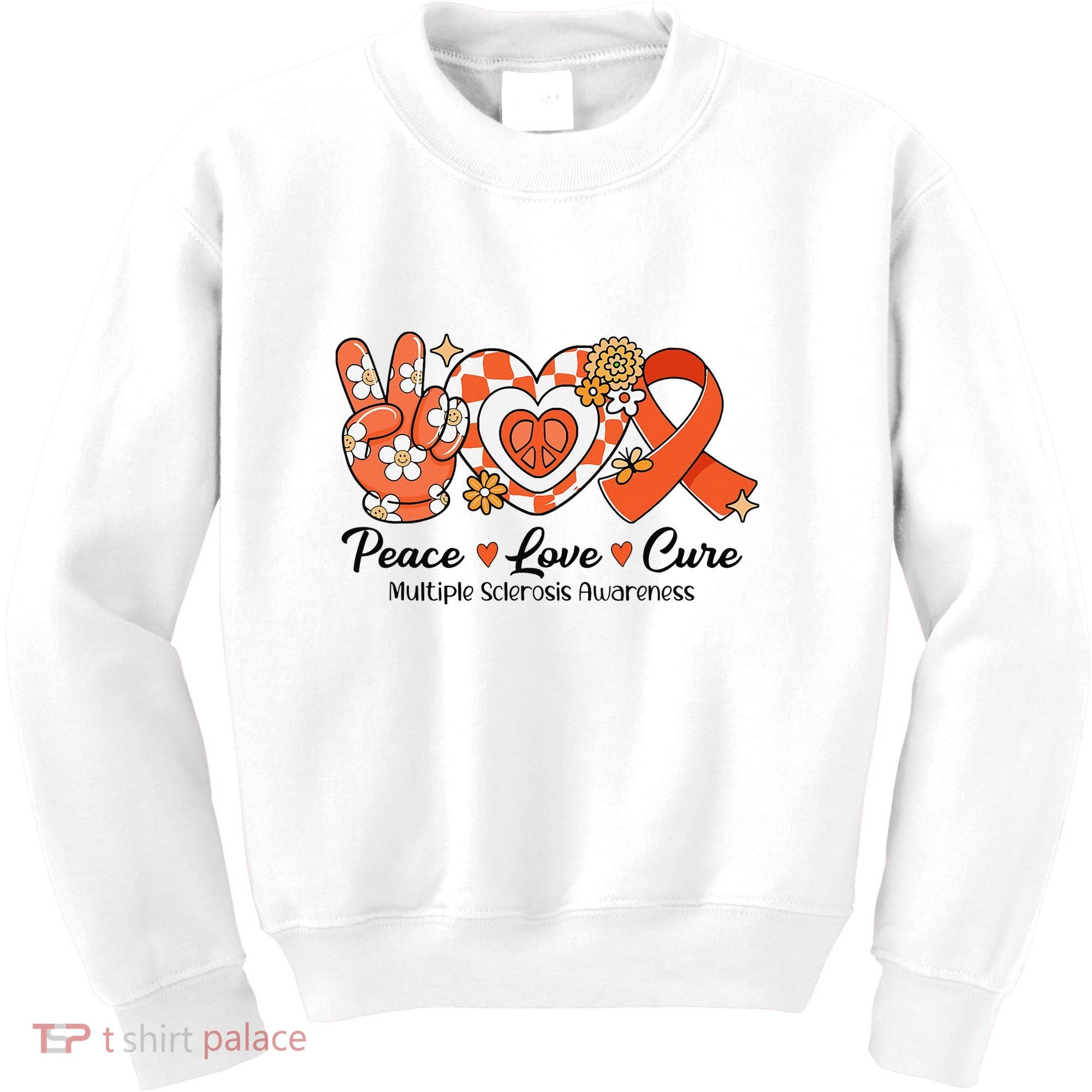 Retro Groovy Peace Love Cure Multiple Sclerosis Awareness Kids Sweatshirt
