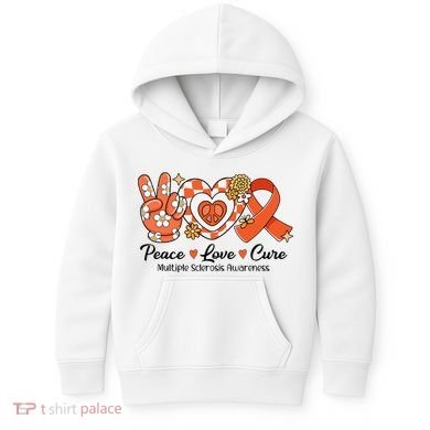 Retro Groovy Peace Love Cure Multiple Sclerosis Awareness Kids Hoodie