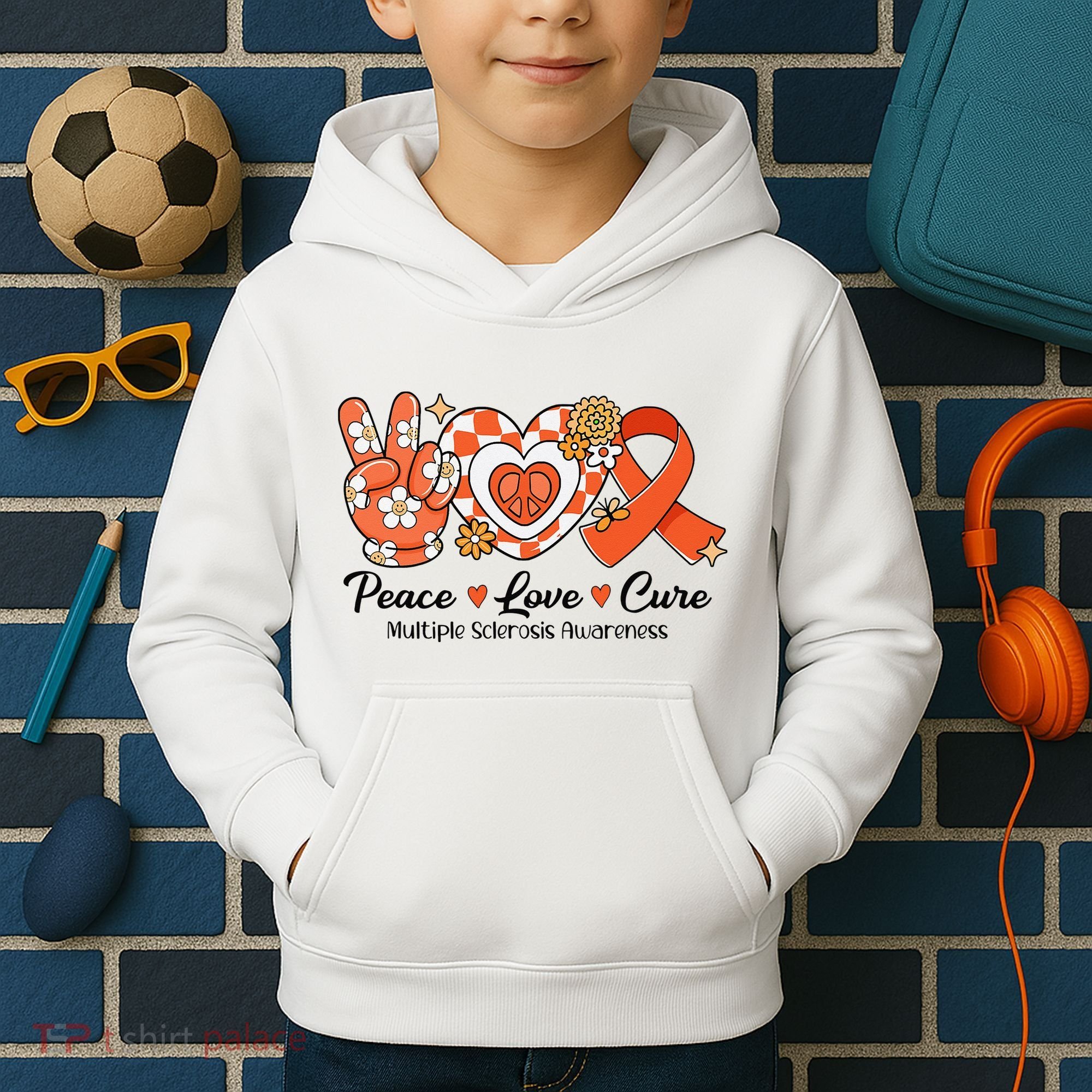 Retro Groovy Peace Love Cure Multiple Sclerosis Awareness Kids Hoodie