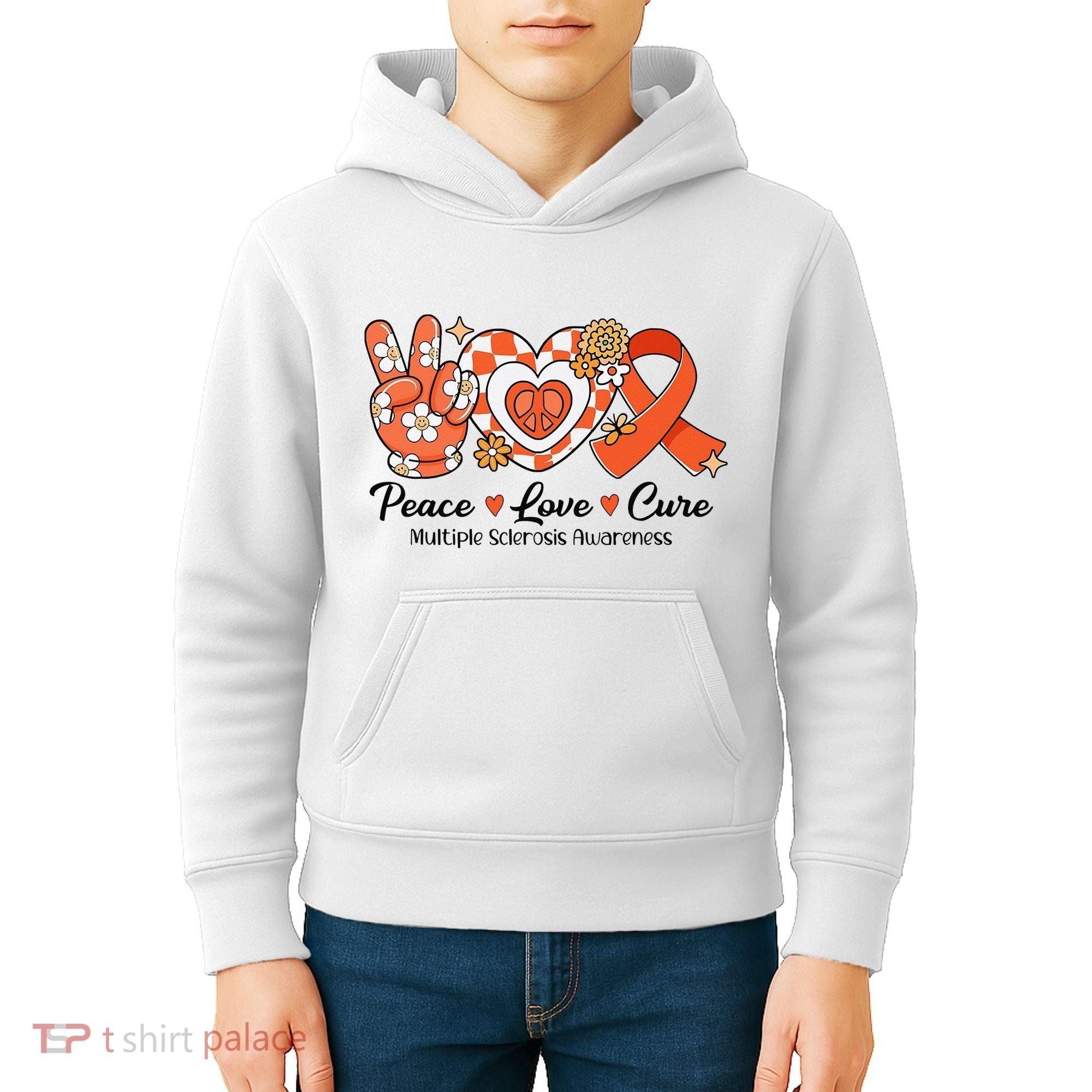 Retro Groovy Peace Love Cure Multiple Sclerosis Awareness Kids Hoodie