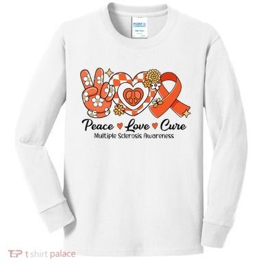 Retro Groovy Peace Love Cure Multiple Sclerosis Awareness Kids Long Sleeve Shirt