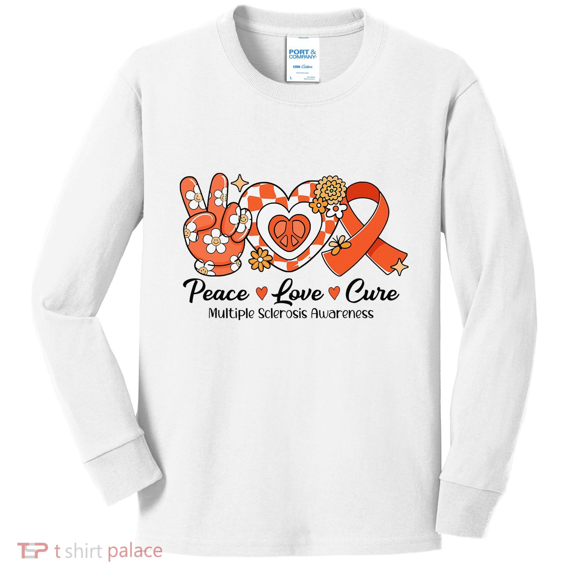 Retro Groovy Peace Love Cure Multiple Sclerosis Awareness Kids Long Sleeve Shirt
