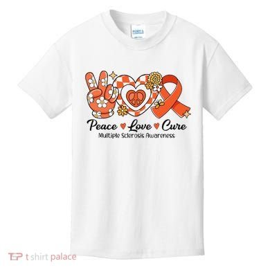 Retro Groovy Peace Love Cure Multiple Sclerosis Awareness Kids T-Shirt