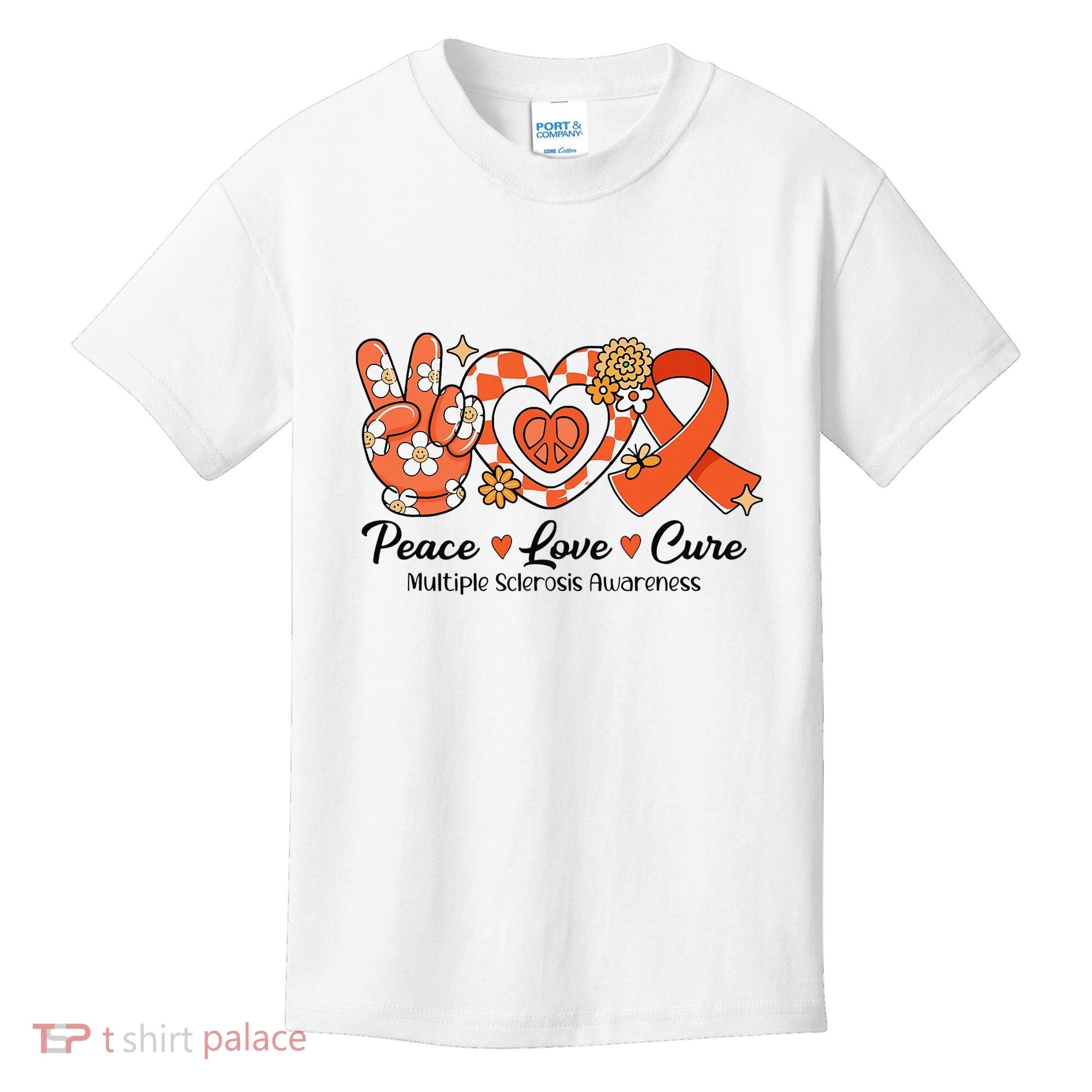 Retro Groovy Peace Love Cure Multiple Sclerosis Awareness Kids T-Shirt