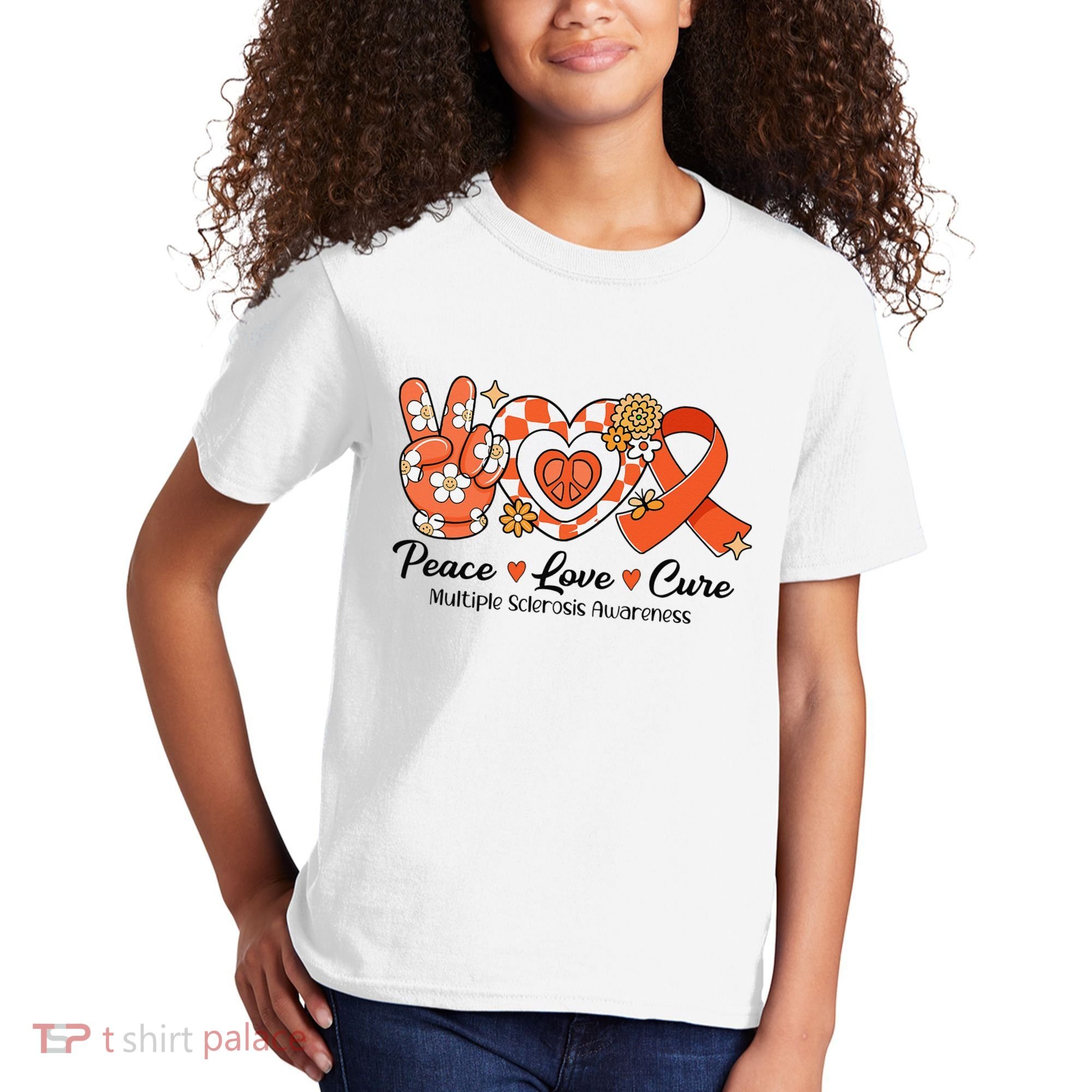 Retro Groovy Peace Love Cure Multiple Sclerosis Awareness Kids T-Shirt
