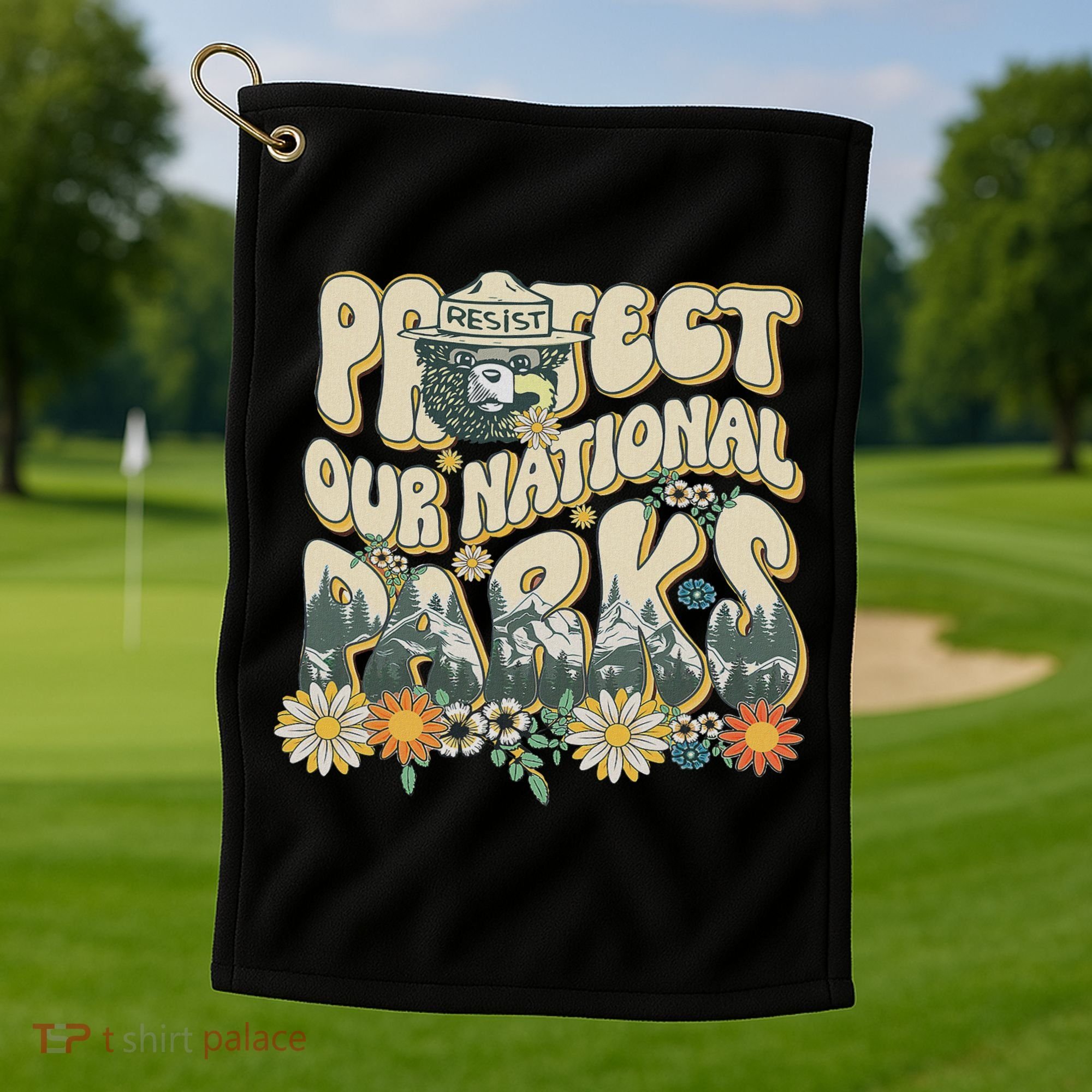 Retro Groovy Protect Our National Parks Bear Funny Golf Towel