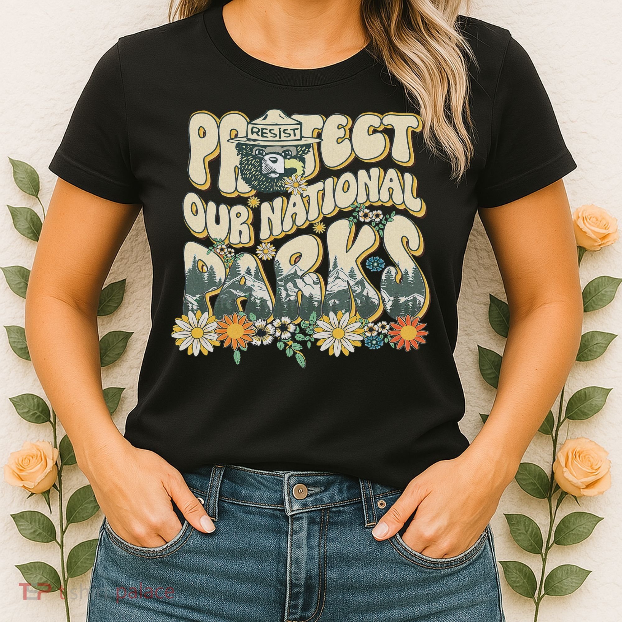 Retro Groovy Protect Our National Parks Bear Funny Women's T-Shirt