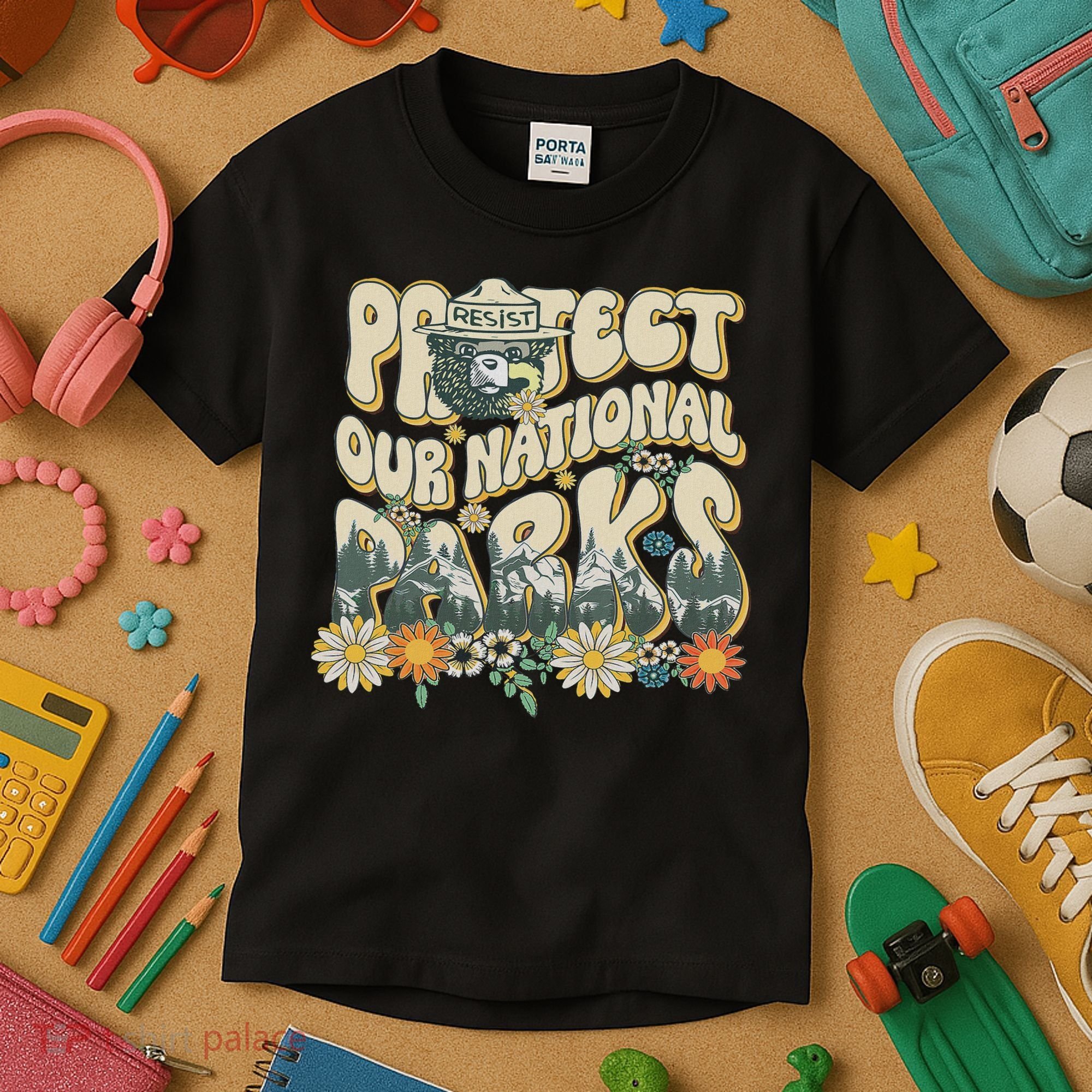 Retro Groovy Protect Our National Parks Bear Funny Kids T-Shirt