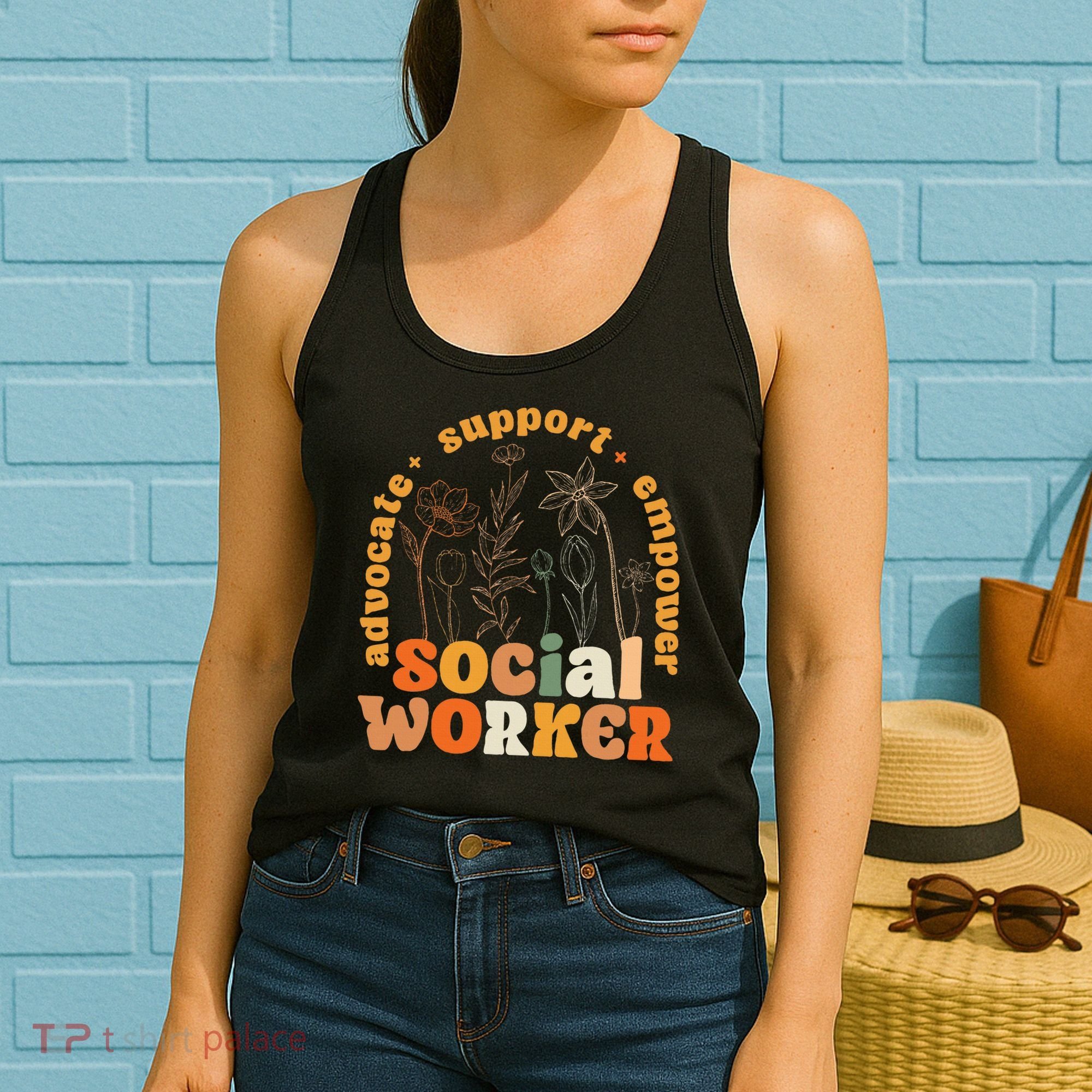 Retro Groovy Social Worker Flower Funny Social Work Month Women's Tank Top