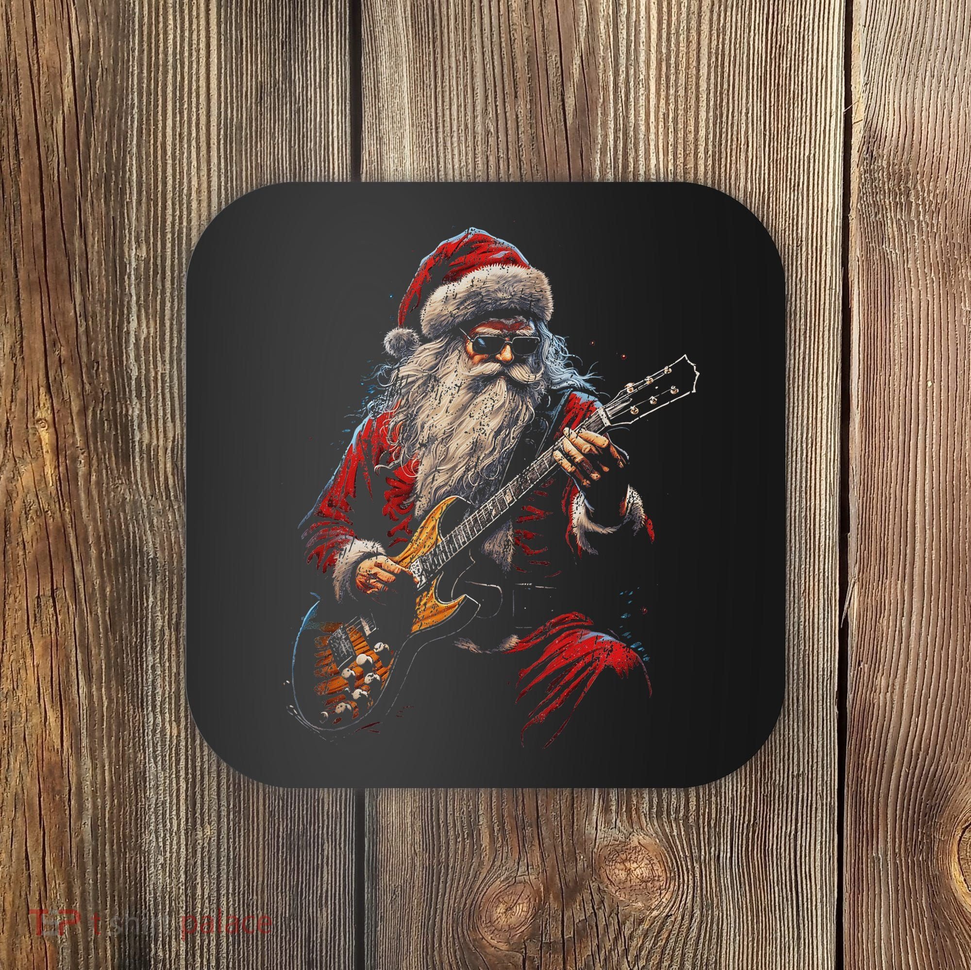 Rock Guitar Santa Claus Playing Guitar Funny Christmas Coaster