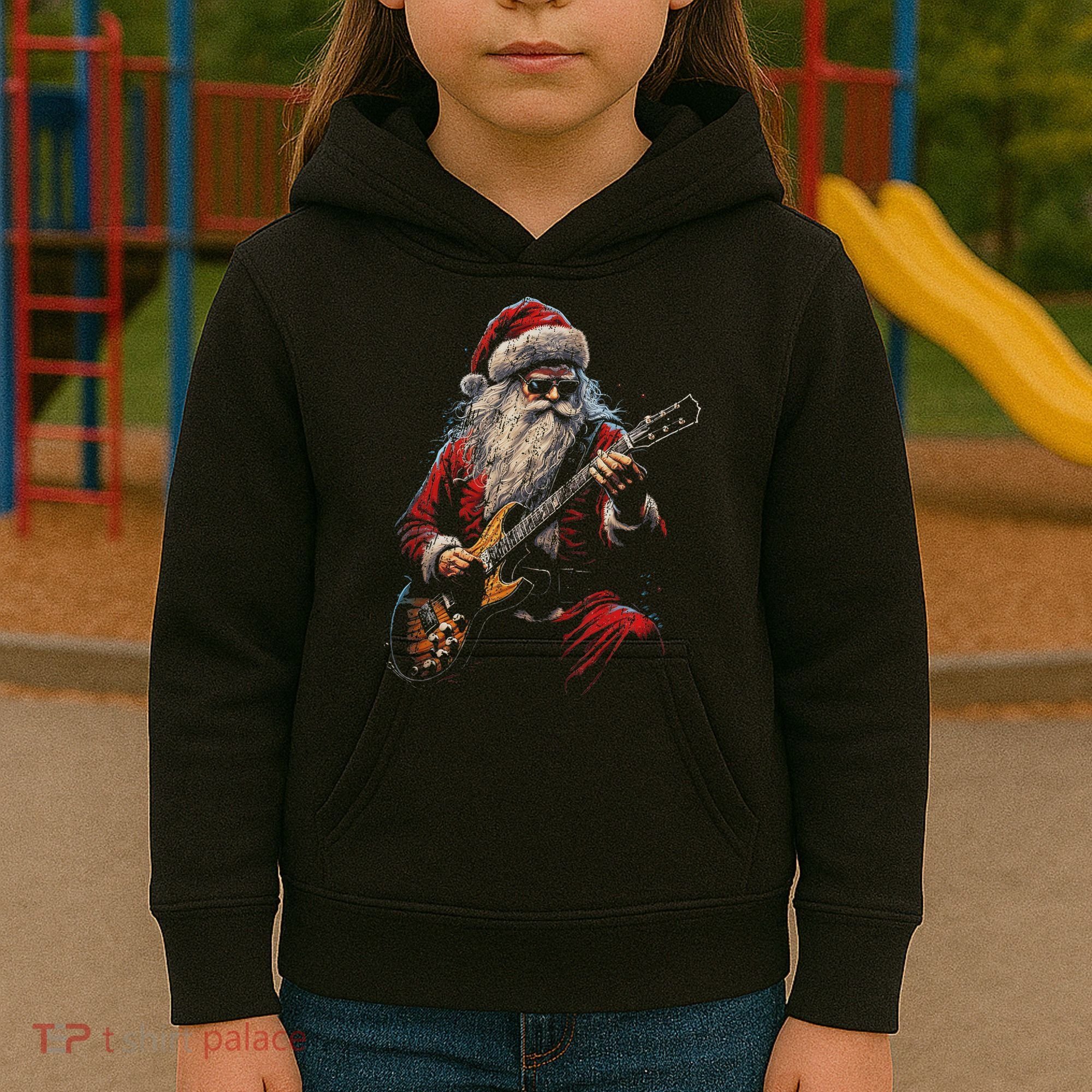 Rock Guitar Santa Claus Playing Guitar Funny Christmas Kids Hoodie