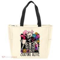 Retro Groovy Skeleton Staying Alive Coffee Halloween Hippie Tote Bag thumb 0