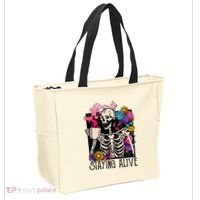 Retro Groovy Skeleton Staying Alive Coffee Halloween Hippie Tote Bag thumb 2