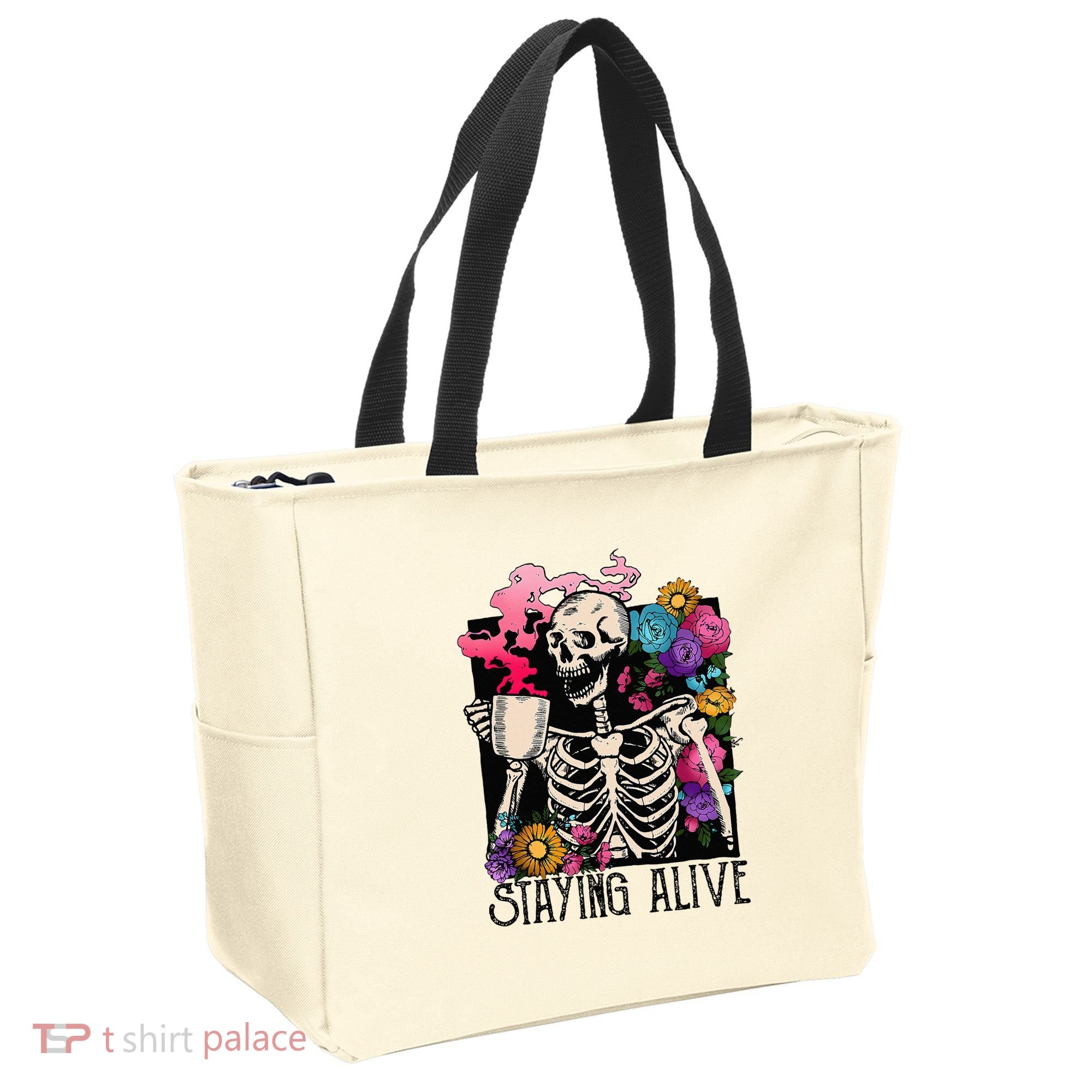 Retro Groovy Skeleton Staying Alive Coffee Halloween Hippie Tote Bag