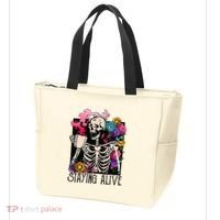 Retro Groovy Skeleton Staying Alive Coffee Halloween Hippie Tote Bag thumb 3