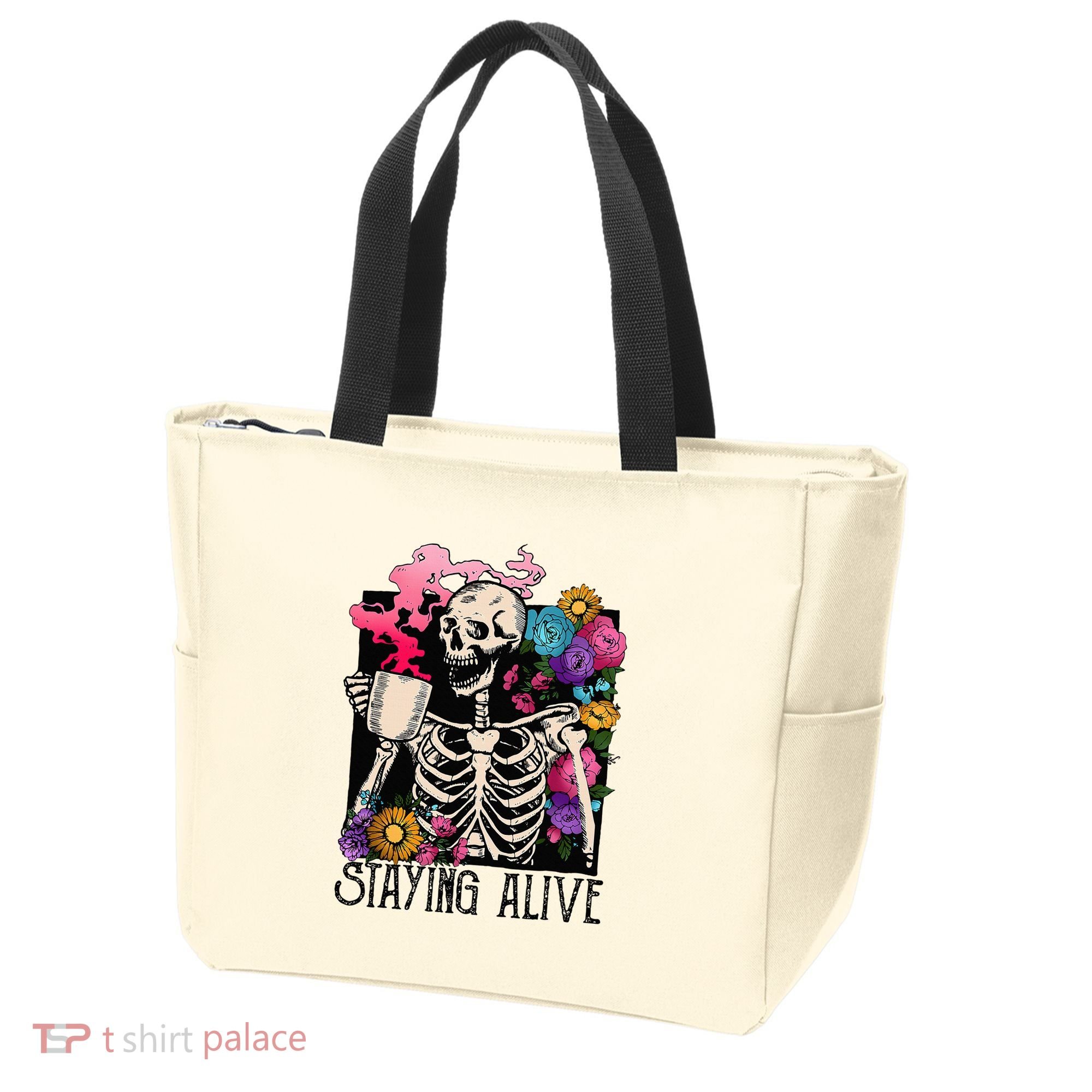 Retro Groovy Skeleton Staying Alive Coffee Halloween Hippie Tote Bag