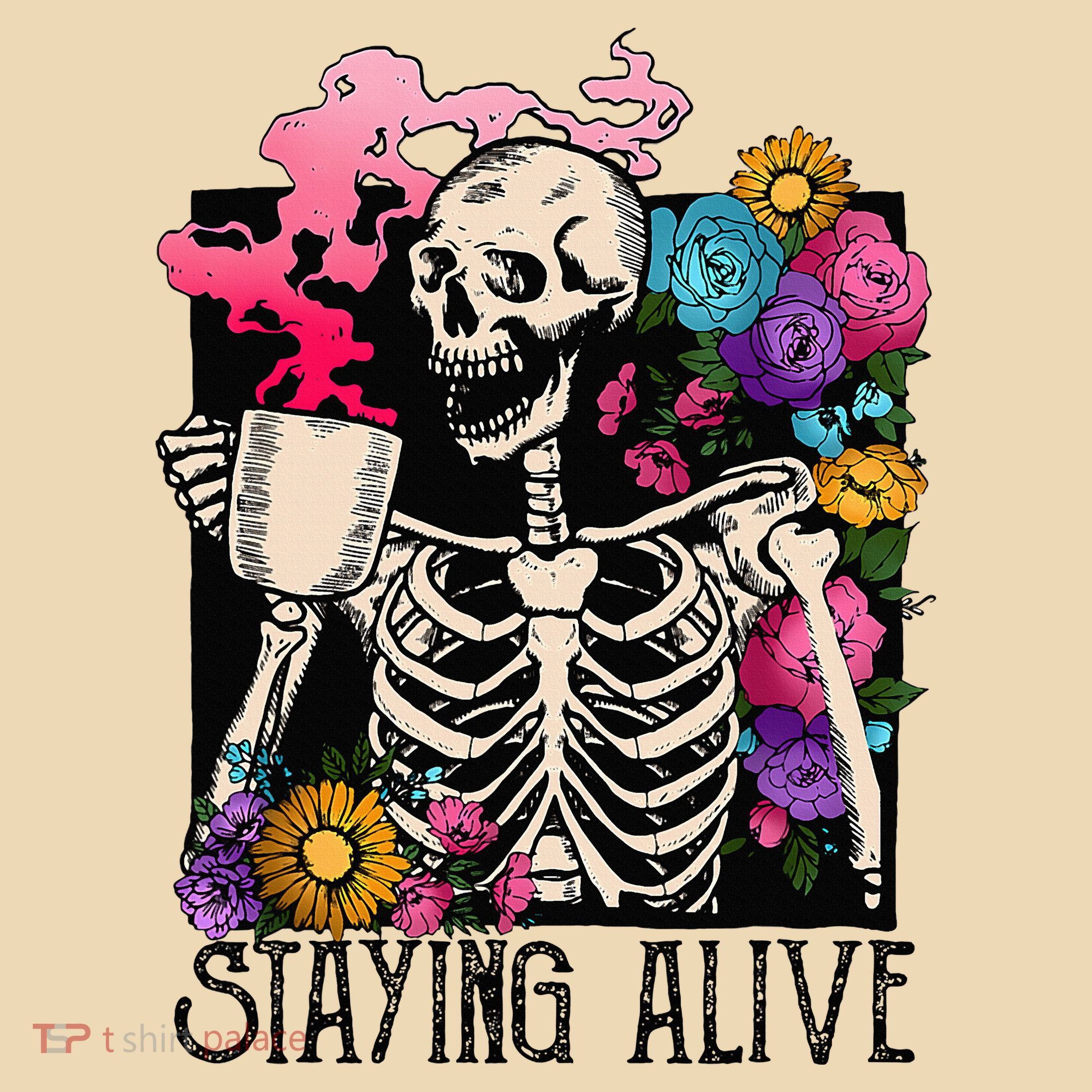 Retro Groovy Skeleton Staying Alive Coffee Halloween Hippie Tote Bag