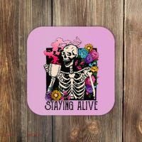 Retro Groovy Skeleton Staying Alive Coffee Halloween Hippie Coaster thumb 0