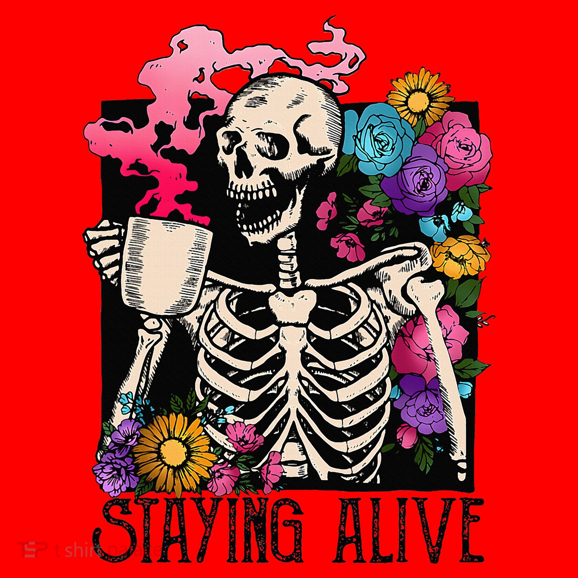 Retro Groovy Skeleton Staying Alive Coffee Halloween Hippie Santa Hat