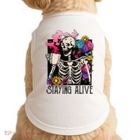 Retro Groovy Skeleton Staying Alive Coffee Halloween Hippie Doggie Tank thumb 0
