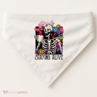 Retro Groovy Skeleton Staying Alive Coffee Halloween Hippie USA-Made Doggie Bandana thumb 0