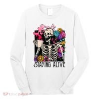Retro Groovy Skeleton Staying Alive Coffee Halloween Hippie Long Sleeve Shirt thumb 0