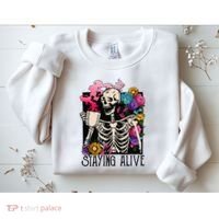 Retro Groovy Skeleton Staying Alive Coffee Halloween Hippie Sweatshirt thumb 2