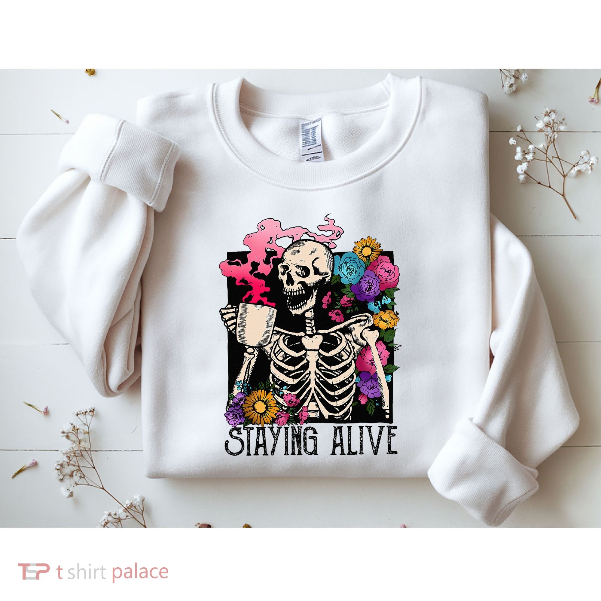 Retro Groovy Skeleton Staying Alive Coffee Halloween Hippie Sweatshirt