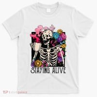 Retro Groovy Skeleton Staying Alive Coffee Halloween Hippie T-Shirt thumb 0