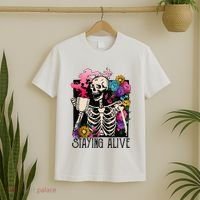 Retro Groovy Skeleton Staying Alive Coffee Halloween Hippie T-Shirt thumb 2