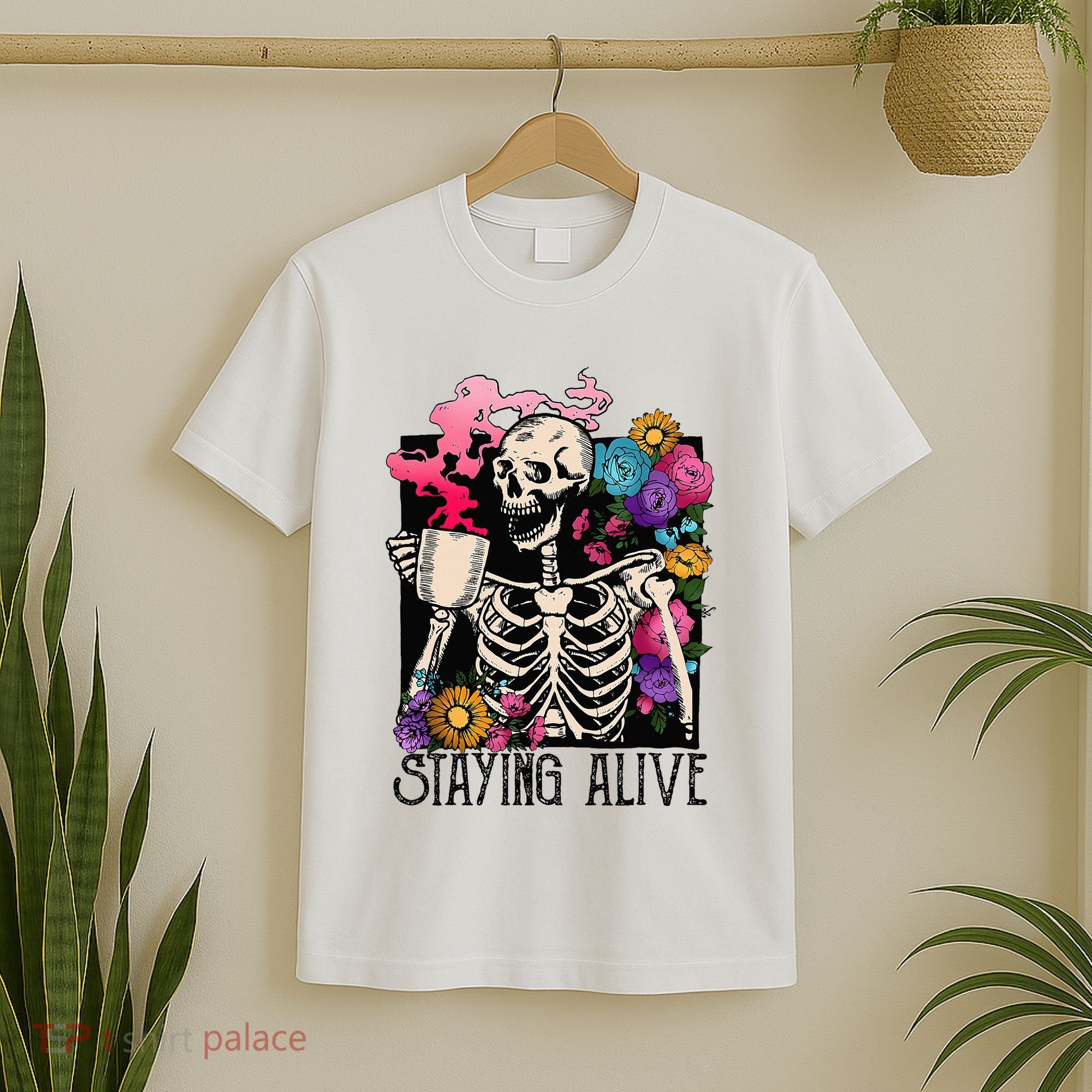 Retro Groovy Skeleton Staying Alive Coffee Halloween Hippie T-Shirt
